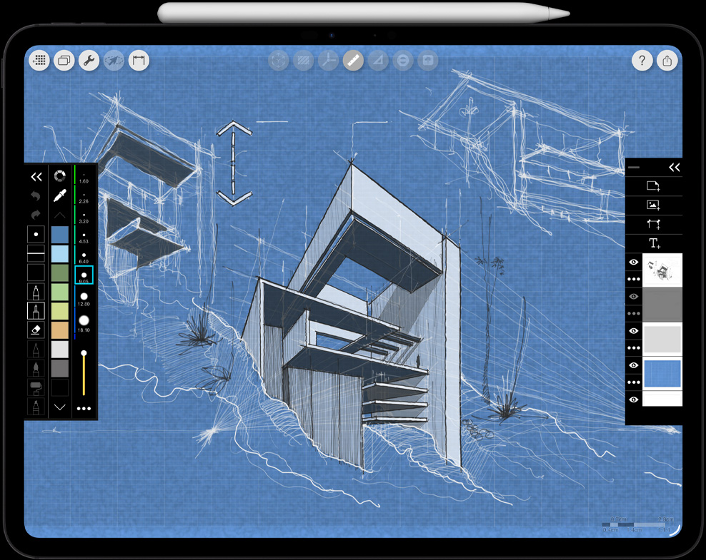 iPad Pro, pohľad spredu, orientácia na šírku, kozmická čierna farba, ceruzka Apple Pencil Pro pripnutá k hornej strane iPadu Pro, orientácia na šírku, biela farba, na displeji sa zobrazuje architektonická kresba, v menu naľavo a napravo sú otvorené efekty a nástroje