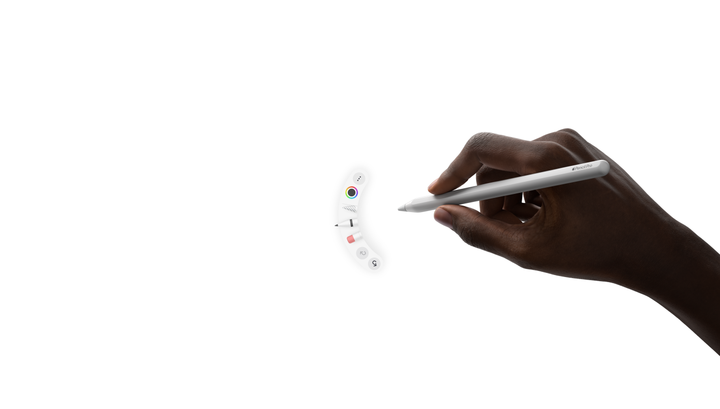 iPad Pro, pohľad spredu, orientácia na šírku, animácia ruky, ktorá drží Apple Pencil Pro, gesto stlačenia otvorí pod hrotom paletu nástrojov