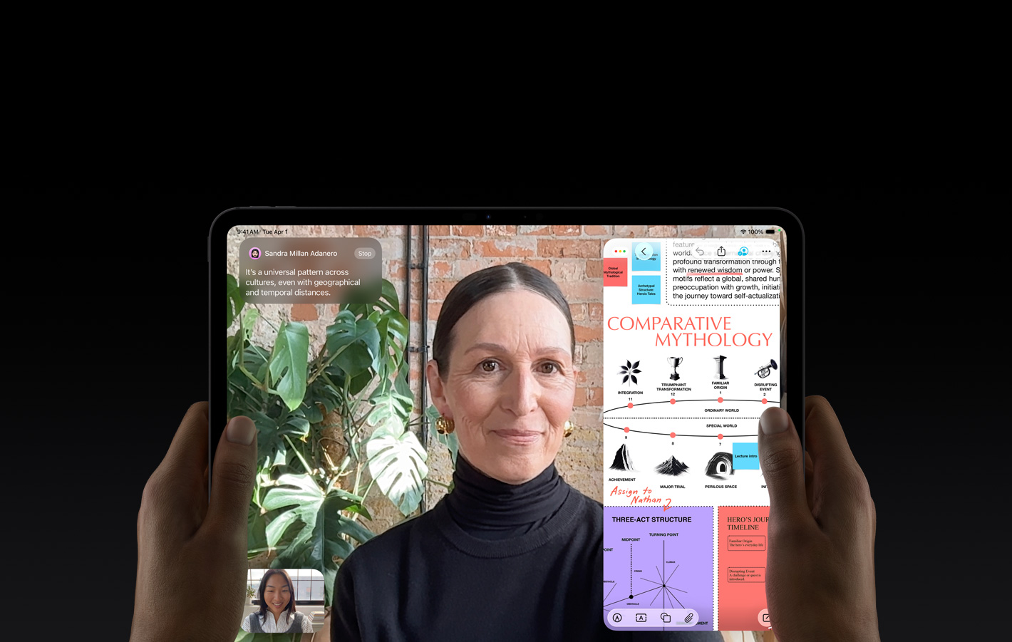 iPad Pro, pohľad spredu, kozmická čierna farba, držia ho obe ruky v orientácii na šírku, zaoblené rohy, čierny rámček displeja, na displeji sa zobrazuje konverzácia cez FaceTime prekladaná v reálnom čase a vzdelávacia apka, v ktorej sa zobrazuje prezentácia „Komparatívna mytológia“ s textom, diagramami a ručne písanými poznámkami