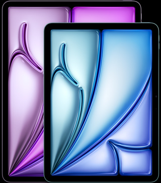 13-palcový iPad Air, 11-palcový iPad Air, orientácia na výšku, pohľad spredu, zaoblené rohy, čierny rámček displeja, na displeji sa zobrazujú ružové, zelené a modré abstraktné tvary