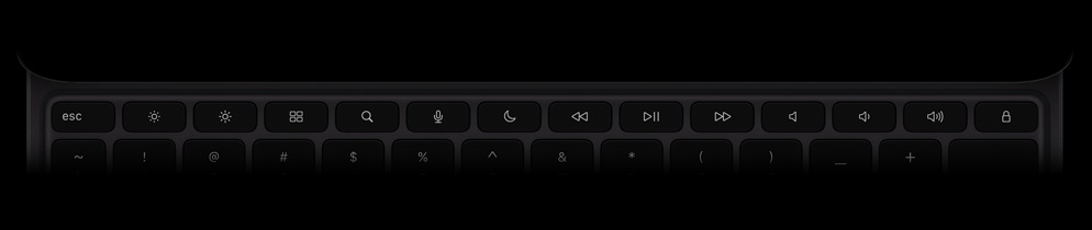 Magic Keyboard, pohľad zhora, orientácia na šírku, čierna farba, rad 14 funkčných klávesov