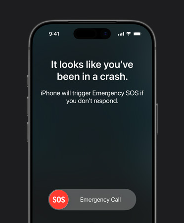 iPhone 17 Pro, front exterior, rounded corners, crash detection feature in use