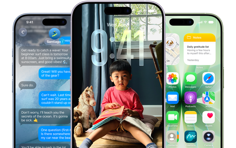 Trois iPhone 17. Chacun affiche un écran de Messages, un écran verrouillé ou un écran d’accueil