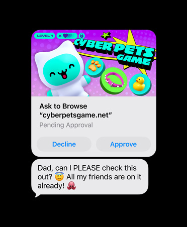 Écran affichant un SMS avec une capture d’écran de cyberpetsgame.net, les boutons Refuser et Approuver sous l’image, le texte du message, Papa, je peux aller sur ce site s’il te plaît, tout le monde y joue déjà