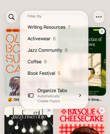 Navigateur Safari sur iPhone affichant le menu Filtrer avec des catégories telles que Ressources d’écriture, Vêtements de sport, Communauté de jazz, Café et Festival du livre, avec l’option Organiser automatiquement sélectionnée