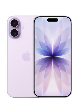 جهاز iPhone 17، الجزء الخارجي الخلفي، لون ليلكي ناعم، نظام كاميرا Fusion المزدوجة في أعلى اليسار، شعار Apple في الوسط، الجزء الخارجي الأمامي، لون ليلكي ناعم، Dynamic Island في الوسط أعلى الشاشة