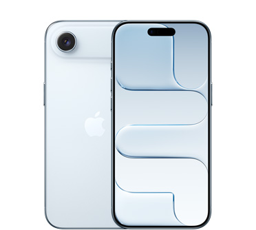 iPhone Air, parte posterior, color azul cielo, sistema de cámara Fusion en la parte superior, logo de Apple en el centro, parte frontal, color azul cielo, Dynamic Island en el centro de la parte superior