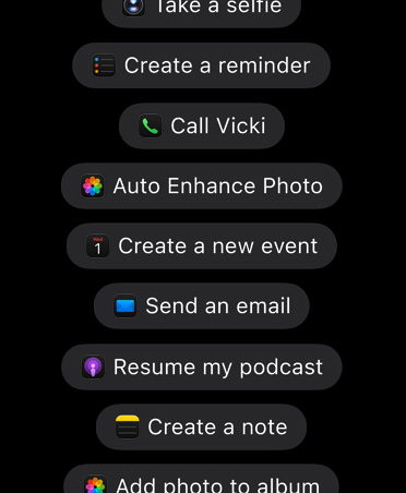 Pantalla con solicitudes a Siri para que realice acciones en apps, como tomarse una selfie, crear un recordatorio, llamar a Vicki, Mejora automática de foto, crear un nuevo evento, enviar un email, reanudar mi podcast, crear una nota, agregar la foto a un álbum