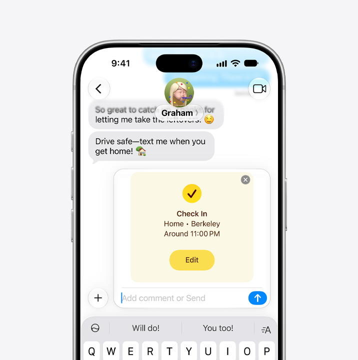 Ecran iPhone arătând un șir de mesaje cu funcția Acompaniere în utilizare