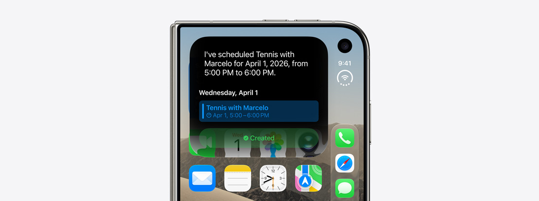 iPhone Duo, fermé, notification Siri A I indiquant une mise à jour du calendrier sur l’écran externe