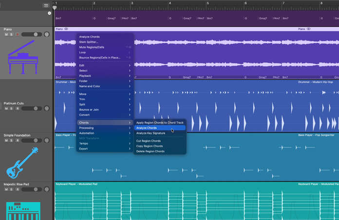 Controlli di Chord Track, strumento per analizzare gli accordi e aggiungerli alla traccia