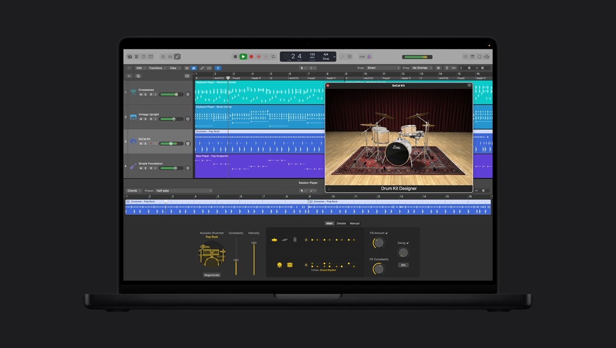 Schermo di un MacBook Pro 16 che mostra Acoustic Drummer, la finestra di SoCal Kit è aperta con Drum Kit Designer; file per Crosswaves, Vintage Upright, SoCal Kit e Simple Foundation a sinistra, controlli di Acoustic Drummer Pop Rock in basso