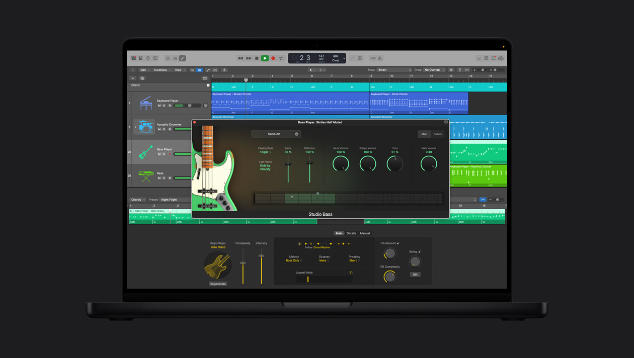 Schermo di un MacBook Pro 16 che mostra Session Player, Studio Bass Player: Sixties Half Muted e regolazioni