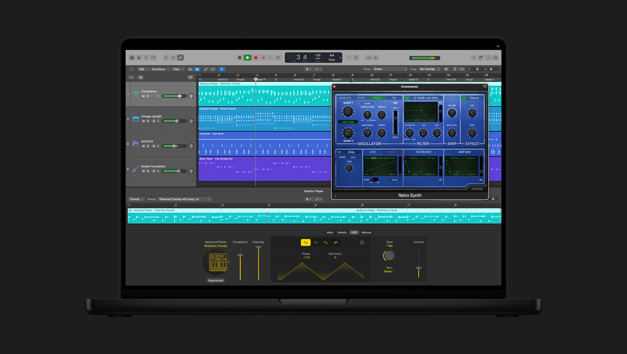 Schermo di un MacBook Pro 16 che mostra Synth Player, la finestra di Crosswaves è aperta con opzioni di controllo; Vintage Upright, SoCal Kit e Simple Foundation a sinistra, controlli di Keyboard Player Rhythmic Chords in basso
