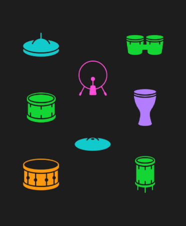 Simboli di drum kit, vari strumenti in colori diversi
