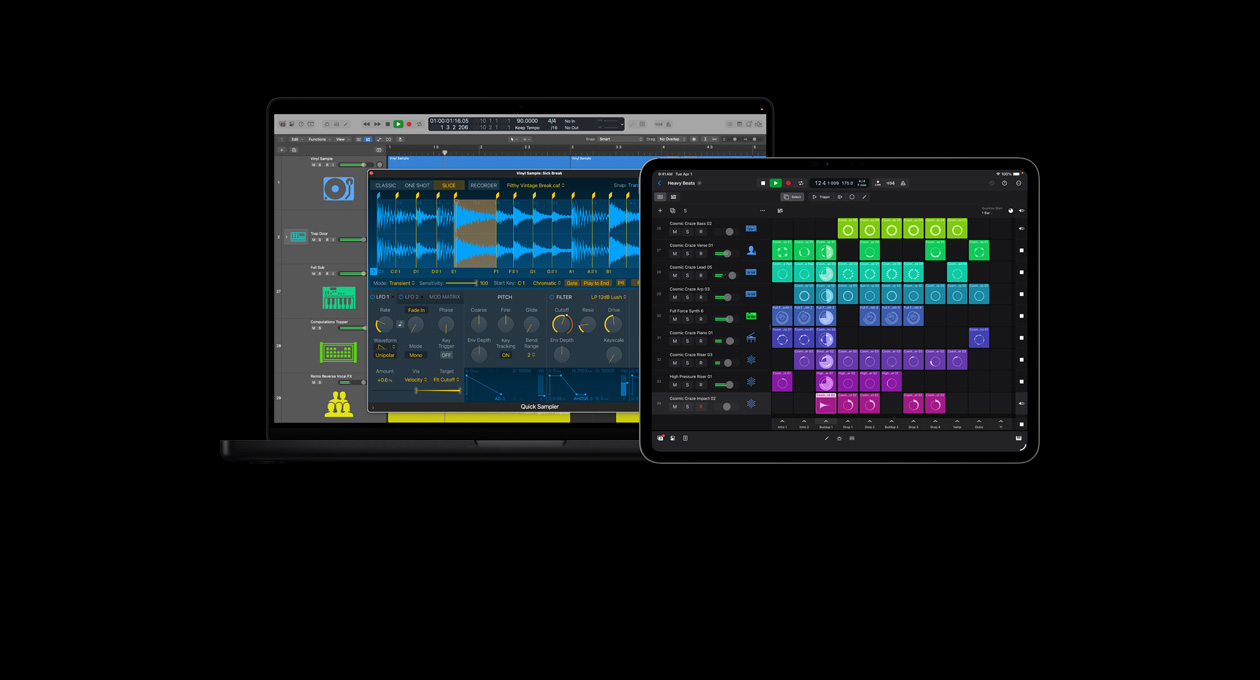 Schermo di un MacBook Pro 16 che mostra modulo Campionatore rapido, campione di un vinile, forme d’onda audio e controlli; schermo di un iPad Pro 13 che mostra strumenti per creare beat, griglia colorata con loop e frasi live