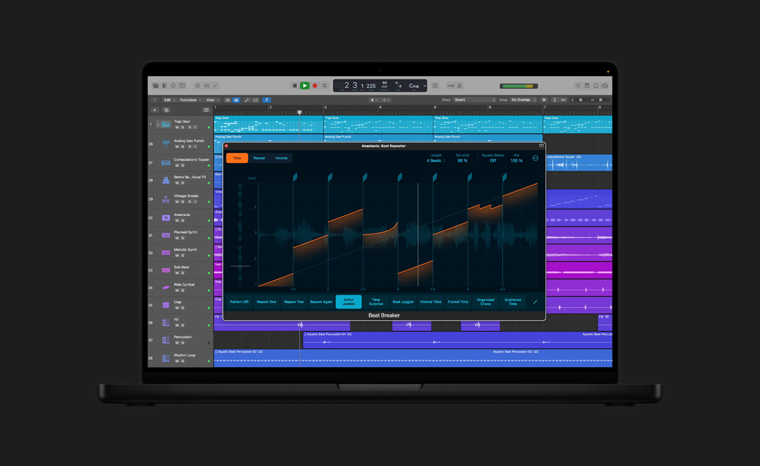 Schermo di un MacBook Pro 16 che mostra Beat Breaker, finestra Anastacia: Beat Repeater, onde audio temporali con regolazioni e selezioni