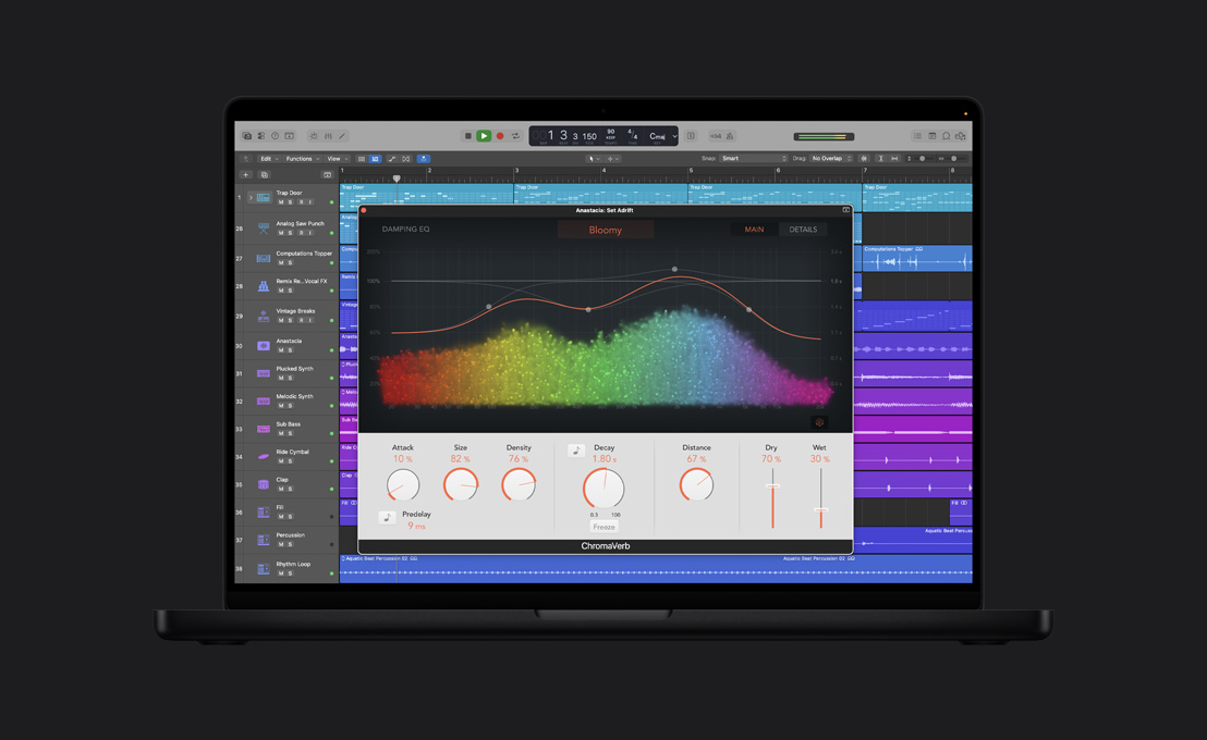Schermo di un MacBook Pro 16 che mostra ChromaVerb, finestra Anastacia: Set Adrift, onde sonore multicolori su un grafico, comandi di regolazione in basso