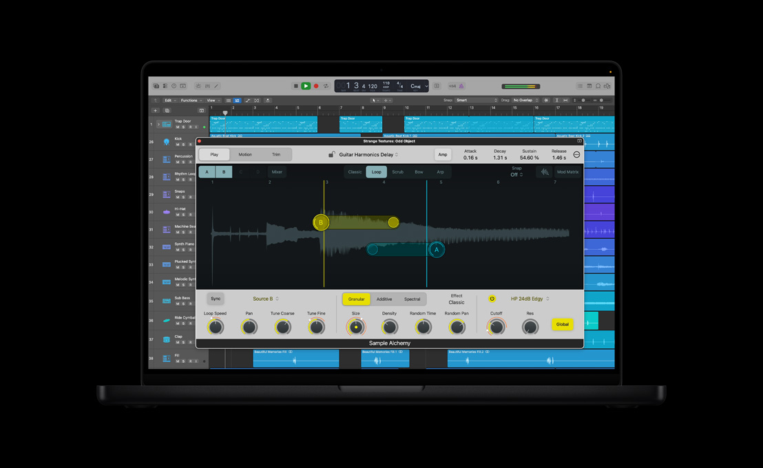 MacBook Pro 16, finestra Sample Alchemy di Logic Pro, display vocale