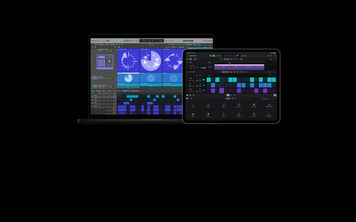 Lo schermo di un MacBook Pro 16 che mostra l’interfaccia di Logic Pro con i controlli per basso e batteria, e lo schermo di un iPad Pro 13 che mostra i controlli per vari effetti di batteria e percussioni