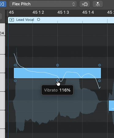 Schermo che mostra Flex Pitch con percentuale di Vibrato e grafico di Lead Vocal