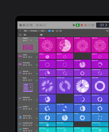 Schermo di un MacBook Pro 16 che mostra controlli ed effetti, pannello di sinistra con Topper, Infinity, Percussion, Textures, Beats, Keyboards, Synths 1, Vocal Chops, Anthemic Lead, Synths 2, Synths  3, ogni fila è categorizzata per colore e mostrata a destra