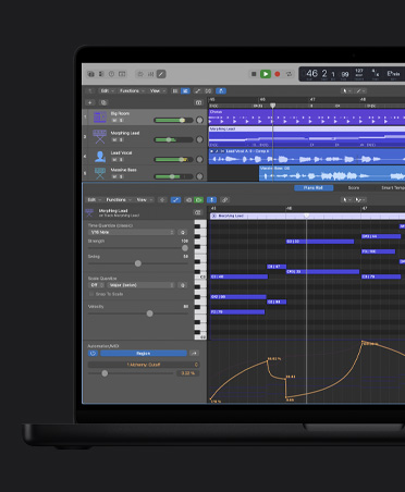 Schermo di un MacBook Pro 16 che mostra onde sonore con diverse file, tra cui Big Room, Morphing Lead, Lead Vocal, Massive Bass; finestra di Piano Roll in basso con regolazioni a sinistra