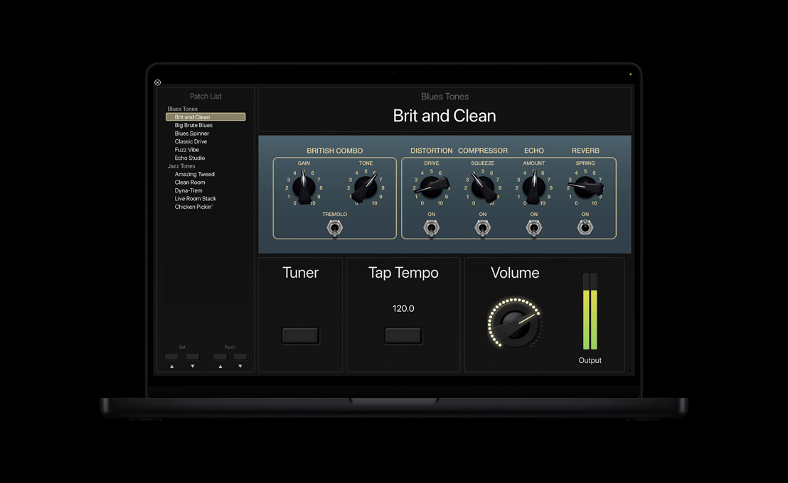 Schermo di un MacBook Pro 16 che mostra il pannello con l'elenco di patch a sinistra, Blue Tones con comandi al centro, sezioni per Tuner, Tap Tempo e Volume in basso