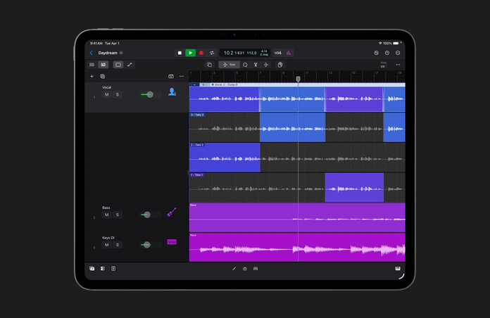 iPad Pro 13, spazio di lavoro che mostra file di riprese audio in vari colori