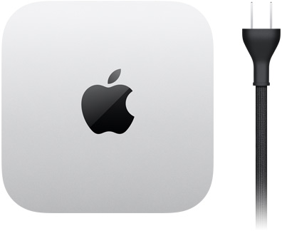 Mac mini, skats no augšas, sudraba krāsas alumīnijs, kvadrāts, noapaļoti stūri, melns, spīdīgs Apple logotips centrā, melns strāvas vads ar divu tapu kontaktiem