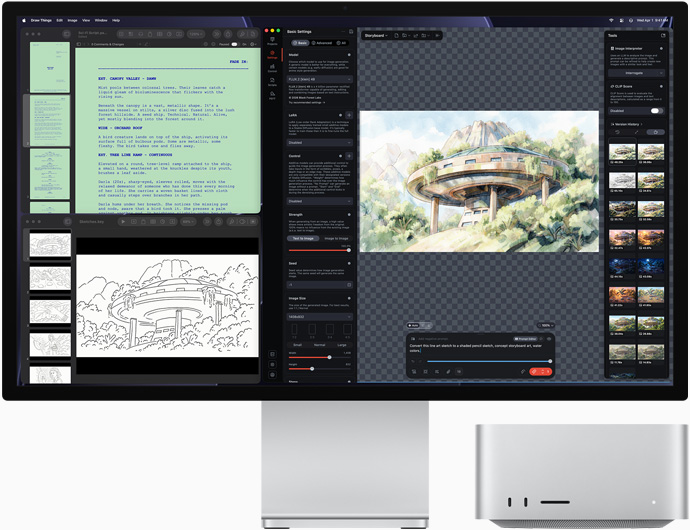 Studio Display XDR-skærm, der viser arkitekttegninger i Draw Things, Pages og Keynote, samt Mac Studio vist forfra