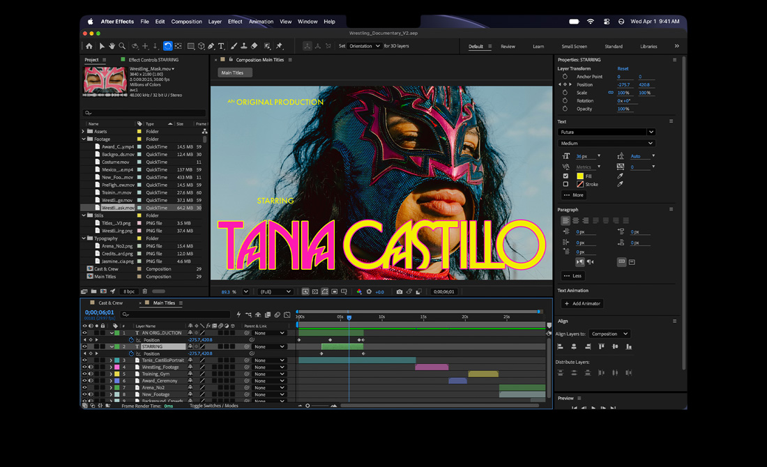 MacBook Pro, After Effects, título de una producción original, protagonizada por Tania Castillo, sobre la foto de una luchadora con máscara rosa y azul, panel de propiedades y línea de tiempo visibles