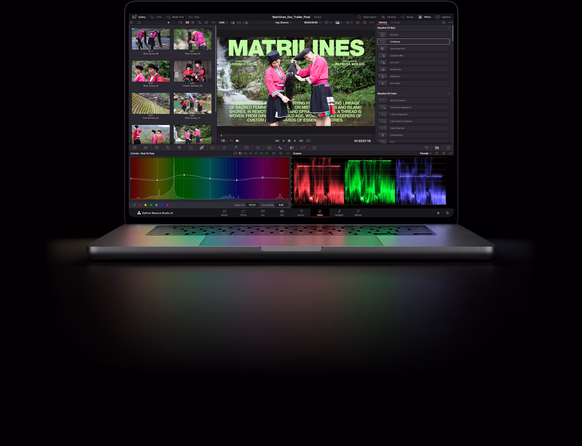 MacBook Pro with PROLED XDR Display, silver color, screen shows a film being edited in DaVinci Resolve Studio