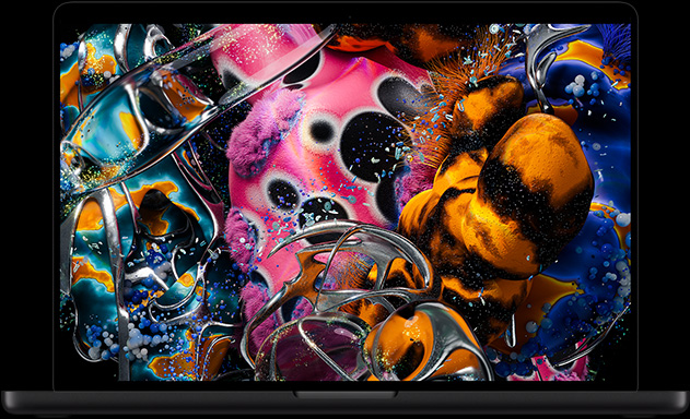 PROLED XDR-kijelzős MacBook Pro asztrofekete színben, a kijelző élénk színekkel teli, részletgazdag, nagy kontrasztú képet jelenít meg.