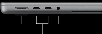 配備 PROLED XDR 顯示器的銀色 MacBook Pro，呈合上狀態；左側機身，展示以下連接埠：MagSafe 3、兩個 Thunderbolt 5 和 3.5 毫米耳筒插口