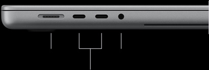 配備 PROLED XDR 顯示器的銀色 MacBook Pro，呈合上狀態；左側機身，展示以下連接埠：MagSafe 3、兩個 Thunderbolt 5 和 3.5 毫米耳筒插口