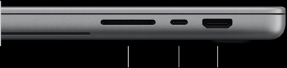 配備 PROLED XDR 顯示器的銀色 MacBook Pro，呈合上狀態；右側機身，展示三個連接埠：SDXC、Thunderbolt 5 和 HDMI