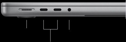 صورة للجهة اليسرى من جهاز MacBook Pro مقاس 14 إنش بشريحة M5 وهو مغلق، تعرض منفذ MagSafe 3 مع 2 من منافذ ثندربولت 4 ومقبس سماعات الرأس