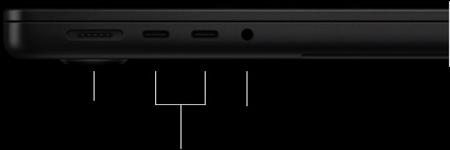 صورة للجهة اليسرى من جهاز MacBook Pro مقاس 14 إنش بشريحة M5 Pro أو M5 Max وهو مغلق، تعرض منفذ MagSafe 3 مع 2 من منافذ ثندربولت 5 ومقبس سماعات الرأس