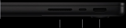 MacBook Pro con chip M5 Pro o M5 Max, color negro espacial, cerrado, lado derecho, se muestran tres puertos: SDXC, Thunderbolt 5 y HDMI