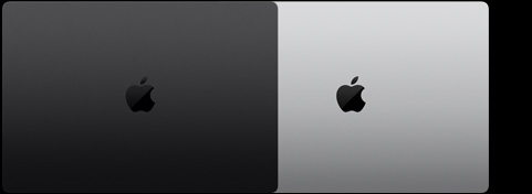 Exterior de dos modelos de MacBook Pro de 16 pulgadas que muestran los dos acabados disponibles
