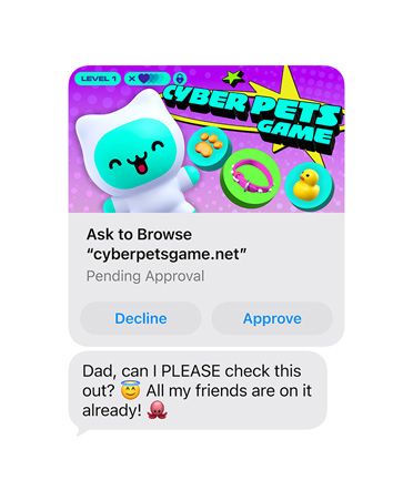 Écran affichant un SMS avec une capture d’écran de cyberpetsgame.net, les boutons Refuser et Approuver sous l’image, le texte du message, Papa, je peux aller sur ce site s’il te plaît, tout le monde y joue déjà