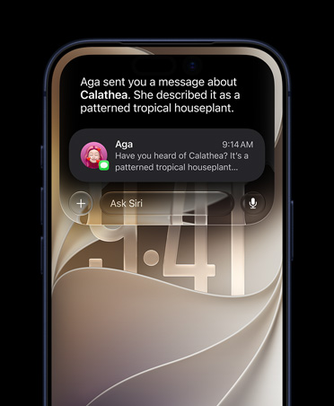 iPhone 17 Pro bleu intense, vu de face, affichant une requête Siri AI concernant la plante évoquée dans une conversation Messages