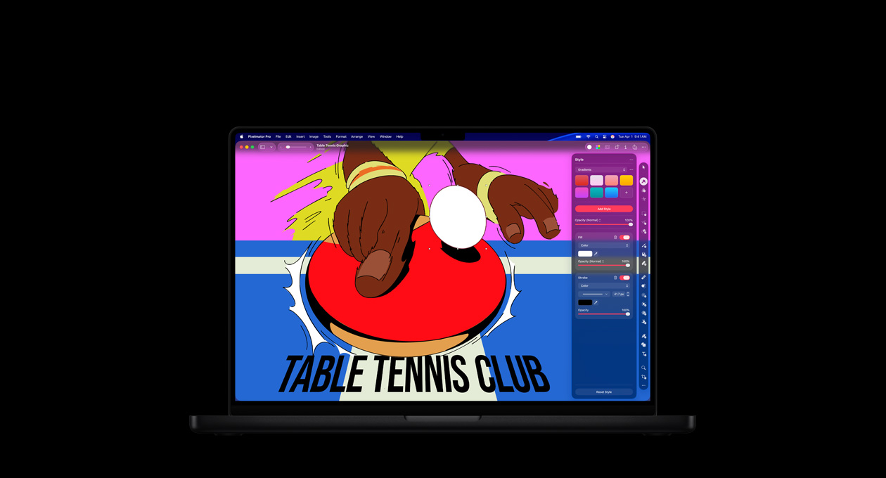 Lo schermo di un MacBook Pro 16 mostra il poster colorato di un circolo di tennis tavolo con strumenti di modifica del colore