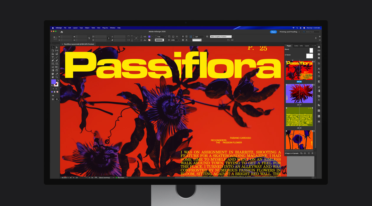 Eine bunte Magazinseite in einer Adobe InDesign 2026 Datei zeigt den P3 + Adobe RGB Farbraum