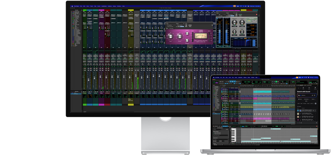 Das Studio Display und ein Mac Laptop zeigen eine Session in Pro Tools mit Splice Integration, das Nanotexturglas hilft, Spiegelungen auf dem dunklen Programmbildschirm zu reduzieren