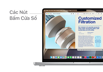 Ask Siri populates helpful research information on MacBook Pro 14", Preview runs in the background with a line indicating the location of the Window Buttons.