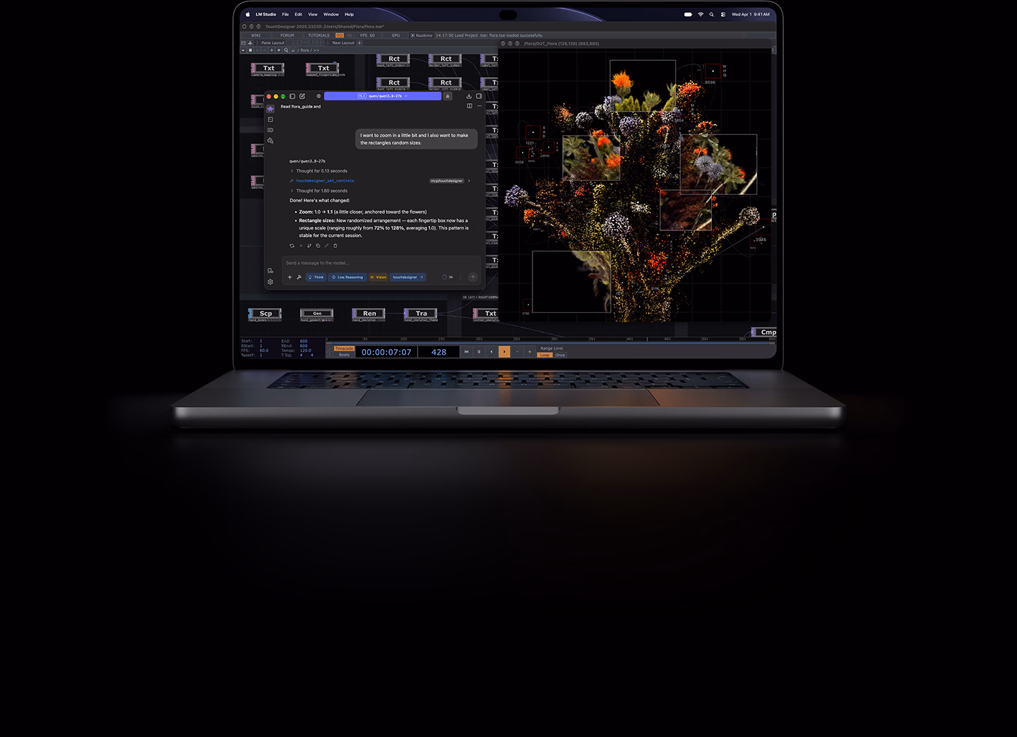 16-inch MacBook Pro with PROLED XDR Display, silver color, screen shows an image being created using TouchDesigner and LM Studio