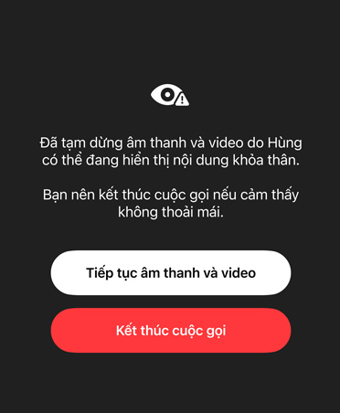 Auto-generated message to parent about the sensitive and unsafe content their child may be viewing on a FaceTime call, with options to Resume Audio and Video or End Call